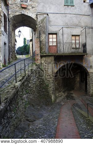 Triora (im), Italy - February 15, 2017: Old Houses Details In The Witches Village Of Triora, Imperia