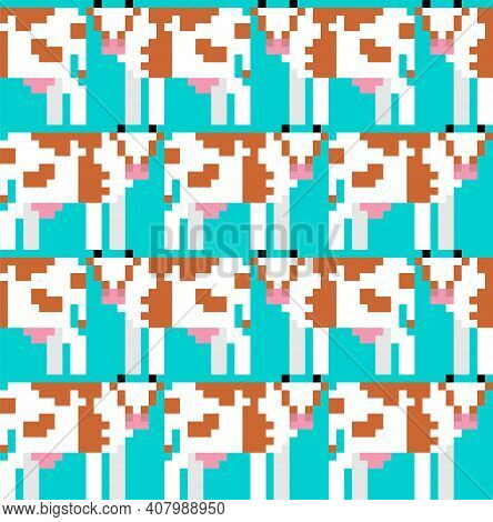 Cow Pixel Art Pattern Seamless. 8 Bit Farm Animal Backgroundn. Vector Ornament