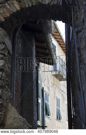 Triora (im), Italy - February 15, 2017: Old Houses Details In The Witches Village Of Triora, Imperia