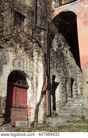 Triora (im), Italy - February 15, 2017: Old Houses Details In The Witches Village Of Triora, Imperia