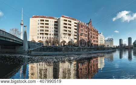 Riverside With Old Houses In Nikolaiviertel, Or Nicholas Quarter In East Center Of Berlin