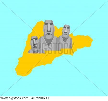 Easter Island Map And Moai Idol. Ancient Statues. Vector Illustration