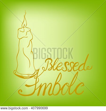 Blessed Imbolc Lettering With A Candle On Light Green Background