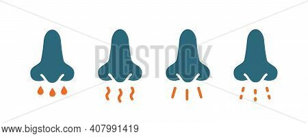 Set Of Human Nose With Scent Colored Icon. Healthy Olfactor Organ, Nose And Scentodor, Fragrance, Ar
