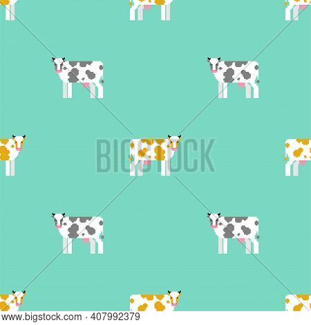 Cow Pixel Art Pattern Seamless. 8 Bit Farm Animal Backgroundn. Vector Ornament