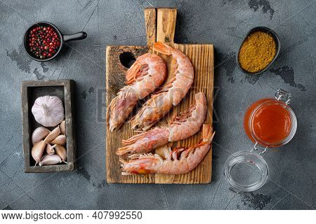 Raw Barbeque Grilling Red Argentinian Prawns Ingredients Set, On Gray Background, Top View Flat Lay