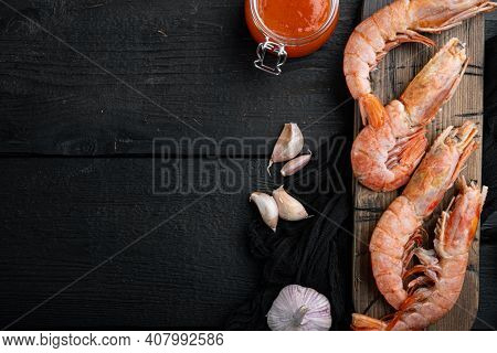 Raw Shrimps With Garlic, Lime , Mango Sauce And Curry For Grill Set, On Wooden Cutting Board, On Bla