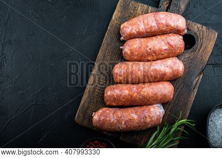 Traditional Mest Sausages, Flat Lay With Space For Text, On Black Background.