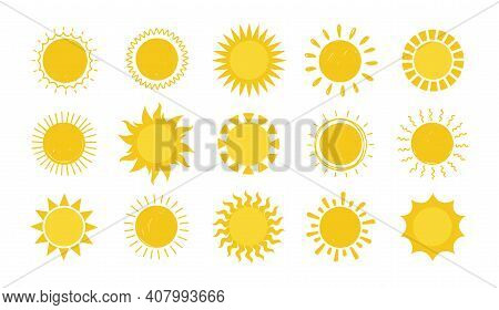 Doodle Sun. Hand Drawn Simple Graphic Circle Solar Elements Collection, Sunshine Round Symbols. Yell