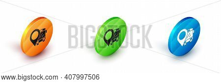 Isometric Location With Bus Icon Isolated On White Background. Transportation Concept. Bus Tour Tran