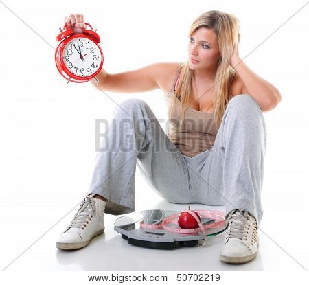 Time For Diet Slimming. Large Girl With Scale.