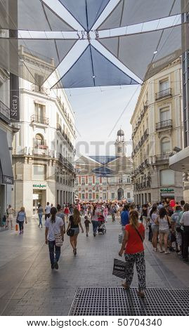 People Walking On Preciados Street, In Madrid, Spain