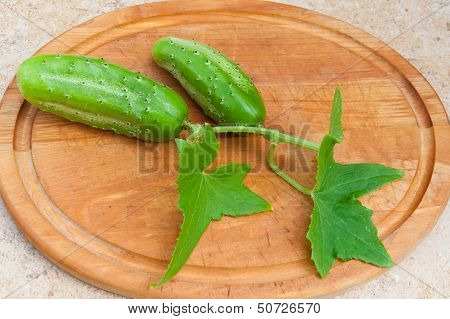 Fresh Cucumbers With Leaves On Wooden Cutting Board