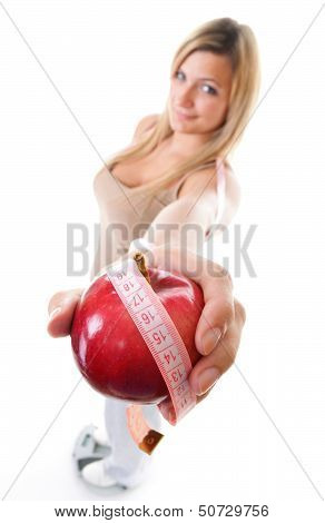 Time For Diet Slimming. Woman With Apple