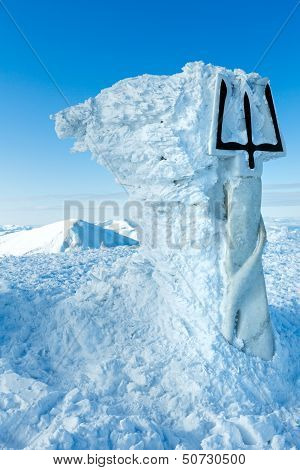 Winter Goverla Mount Top And  Monument To Ukrainian Tryzub.