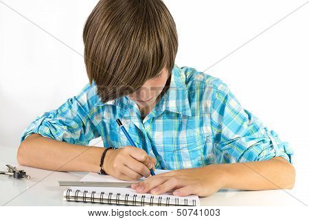 School Boy With Pencil And Ruler, Isolated On White