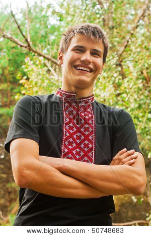 Cheerfull Smile Of Ukrainian Young Man In National Vyshyvanka