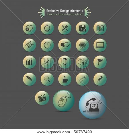 Design elements: icons set with colorful glossy spheres
