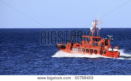 Pilot Boat Orange Tugboat At The Sea