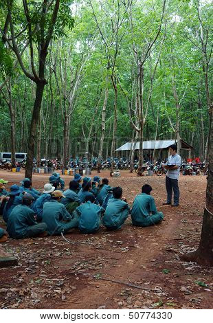 Worker meeting at rubber plantation