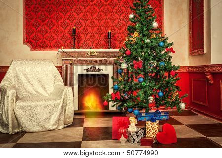 Christimas  Interior In Red Vintage Room