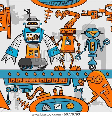 Seamless pattern cartoon robots on the assembly line