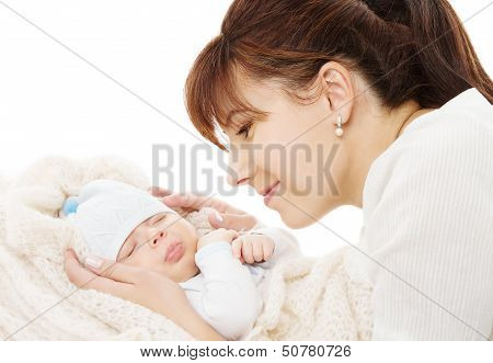 Mother Holding Newborn Baby Sleeping Over White Background