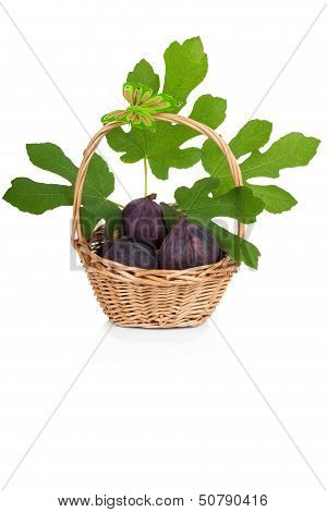 Busket Of Fresh Figs With Leaves On White