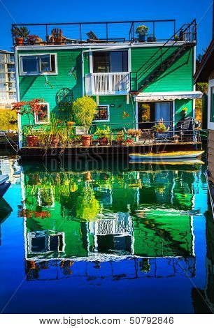 Green Houseboat Floating Home Village Fisherman's Wharf Reflection Inner Harbor, Victoria Vancouver