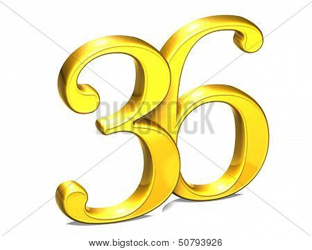 3D Gold Number Thirty-six On White Background