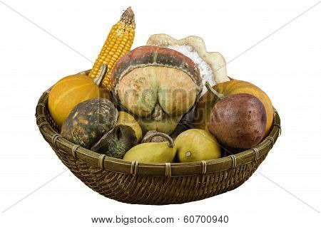 Dry Vegetables And Fruits As Decoration In A Basket