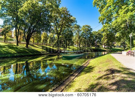 Riga Canal In Summertime, That Flows Through Bastion Park (bastejkalns). Latvia
