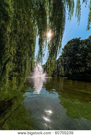 Fountain In Riga Canal, That Flows Through Bastion Park (bastejkalns). Latvia
