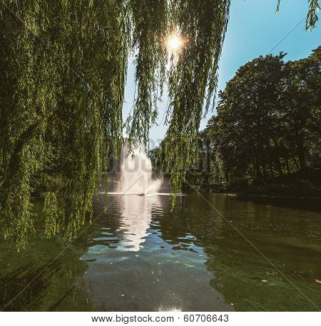 Fountain In Riga Canal, That Flows Through Bastion Park (bastejkalns). Latvia