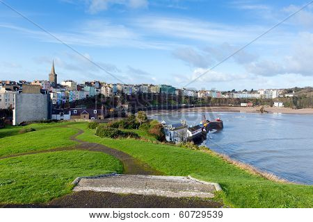 View of Tenby town and harbour Pembrokeshire Wales historic Welsh town
