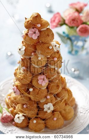 Croquembouche with Pink and White Frosting Roses