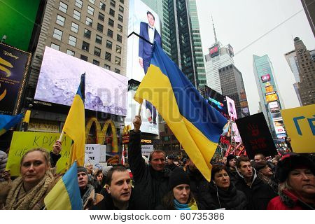 Ukranian flags waving in Times Square
