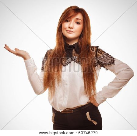 young girl showing portrait happy woman holding her open hand is