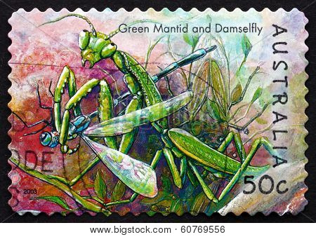 Postage Stamp Australia 2003 Green Mantis And Damselfly