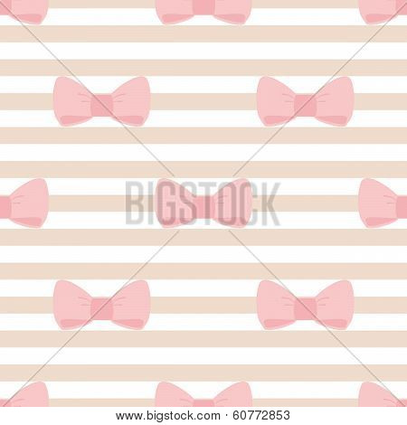 Seamless vector pattern with pastel pink bows on a light brown and white stripes background