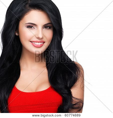 Portrait  Of  Young Smiling Woman With Long Brown Hair.