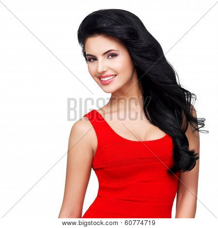 Portrait  Of  Young Smiling Woman With Long Brown Hair.