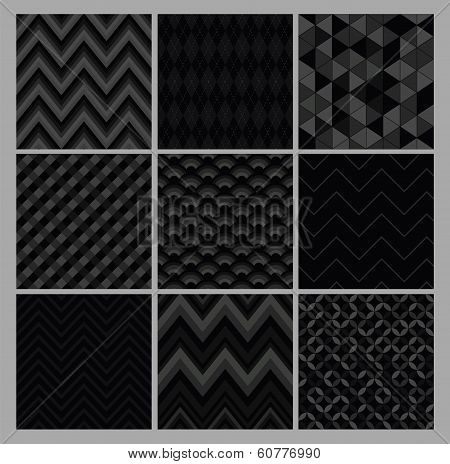 Seamless black geometric hipster background set.