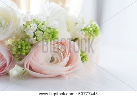 Elegant Bouquet Of Flowers And Two Glasses Of Wine