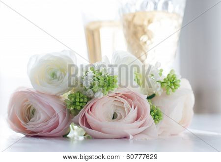 Elegant Bouquet Of Flowers And Two Glasses Of Wine