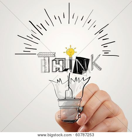 Hand Drawing Light Bulb And Think Word Design As Concept