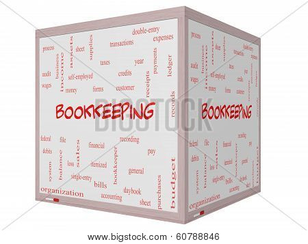 Bookkeeping Word Cloud Concept On A 3D Cube Whiteboard