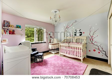 Light Pink And Blue Nursery Room With Crib