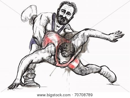 Greco-roman Wrestling. An Hand Drawn Vector Illustration.