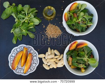 Lamb's Lettuce Salad In White Dishes And Its Ingredients